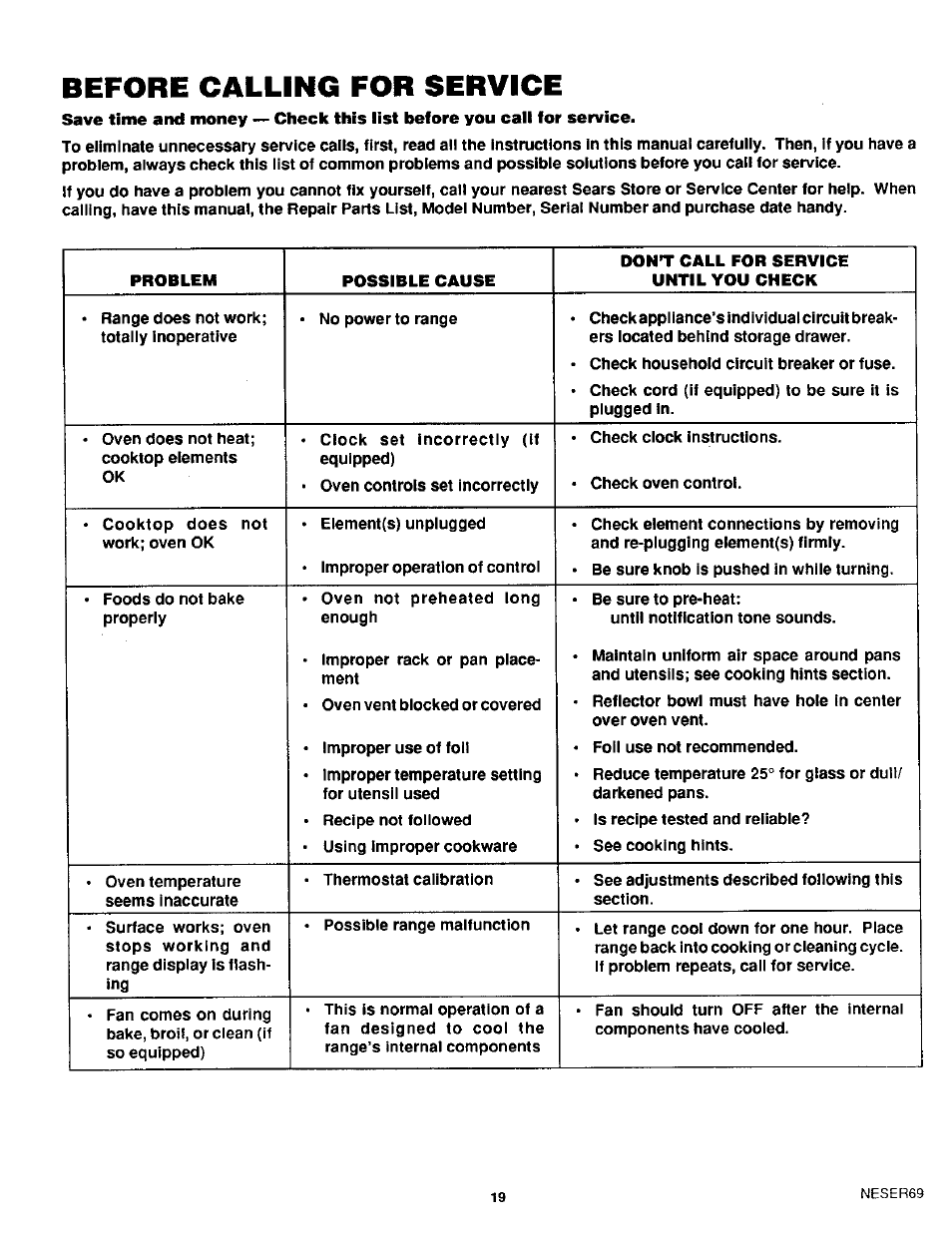Before calling for service | Sears 45520 User Manual | Page 20 / 24