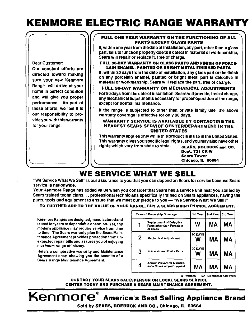Kenmore, Kenmore electric range warranty, We service what we sell | America's best selling appliance brand, Wma ma 2, Wma ma | Sears 45520 User Manual | Page 24 / 24