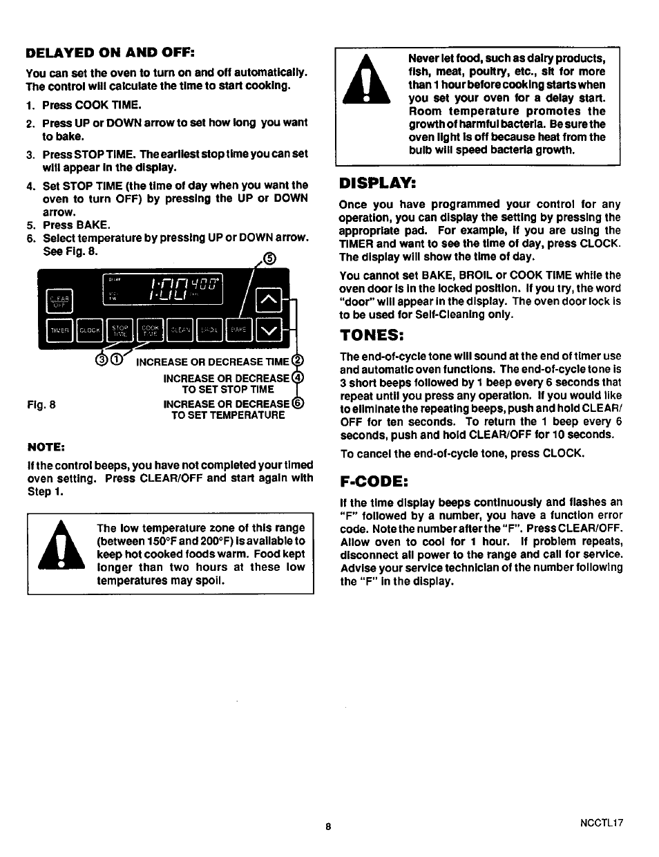 Display, Tones, F-code | Sears 45520 User Manual | Page 9 / 24
