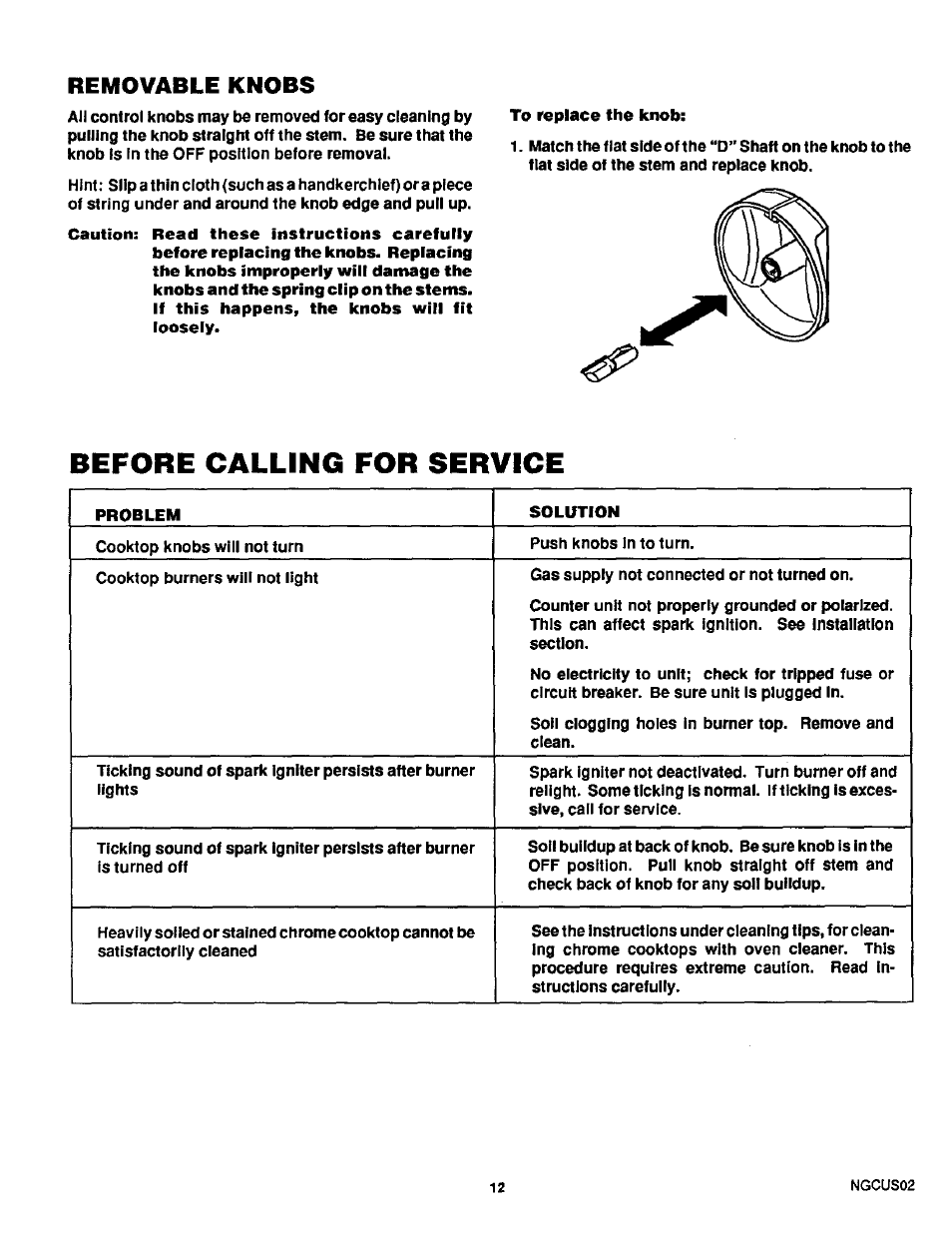 Before calling for service, Removable knobs | Sears 32025 User Manual | Page 13 / 15