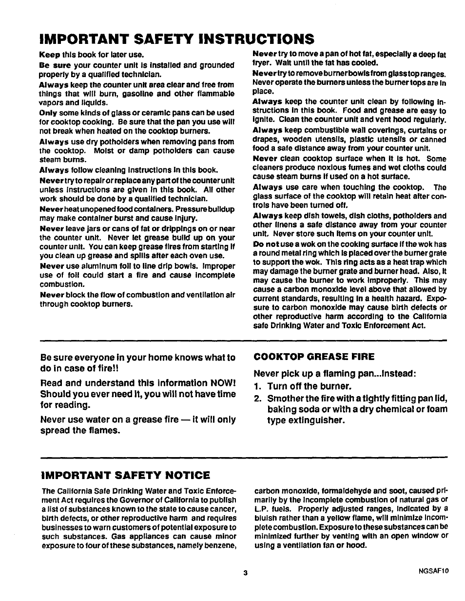 Important safety instructions, Important safety notice, Cooktop grease fire | Sears 32025 User Manual | Page 4 / 15