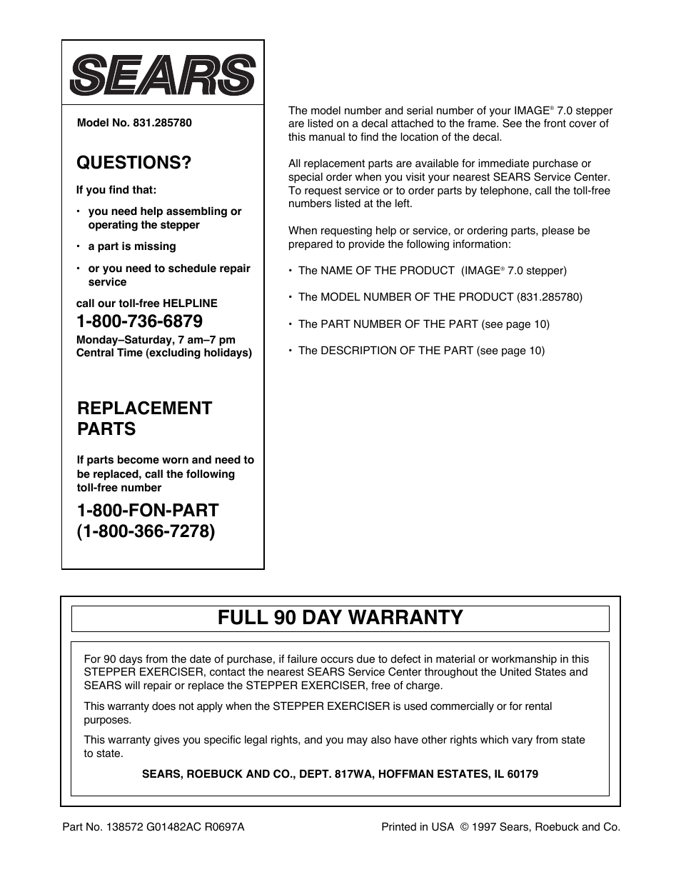Full 90 day warranty, Questions, Replacement parts | Sears 831.285780 User Manual | Page 12 / 12