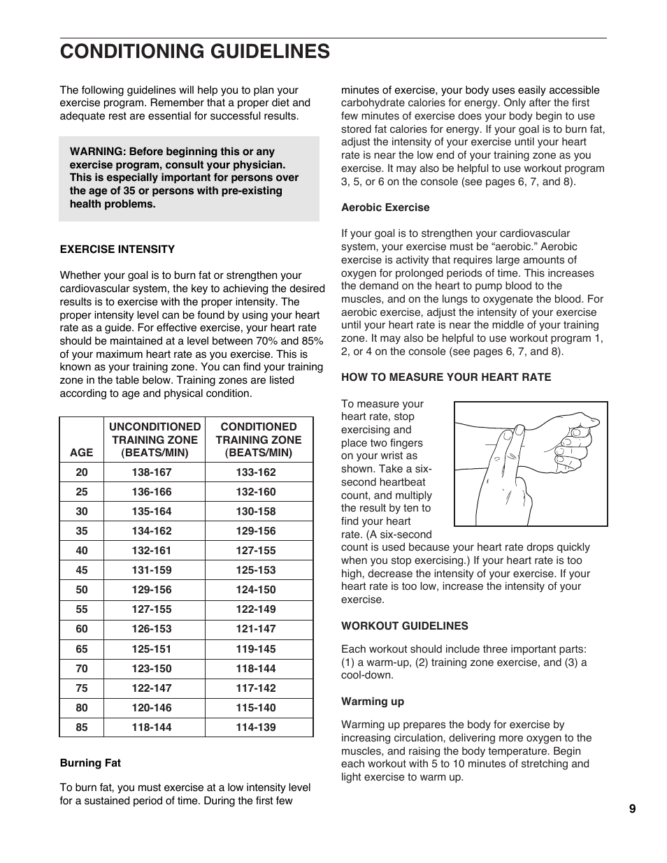 Conditioning guidelines | Sears 831.285780 User Manual | Page 9 / 12