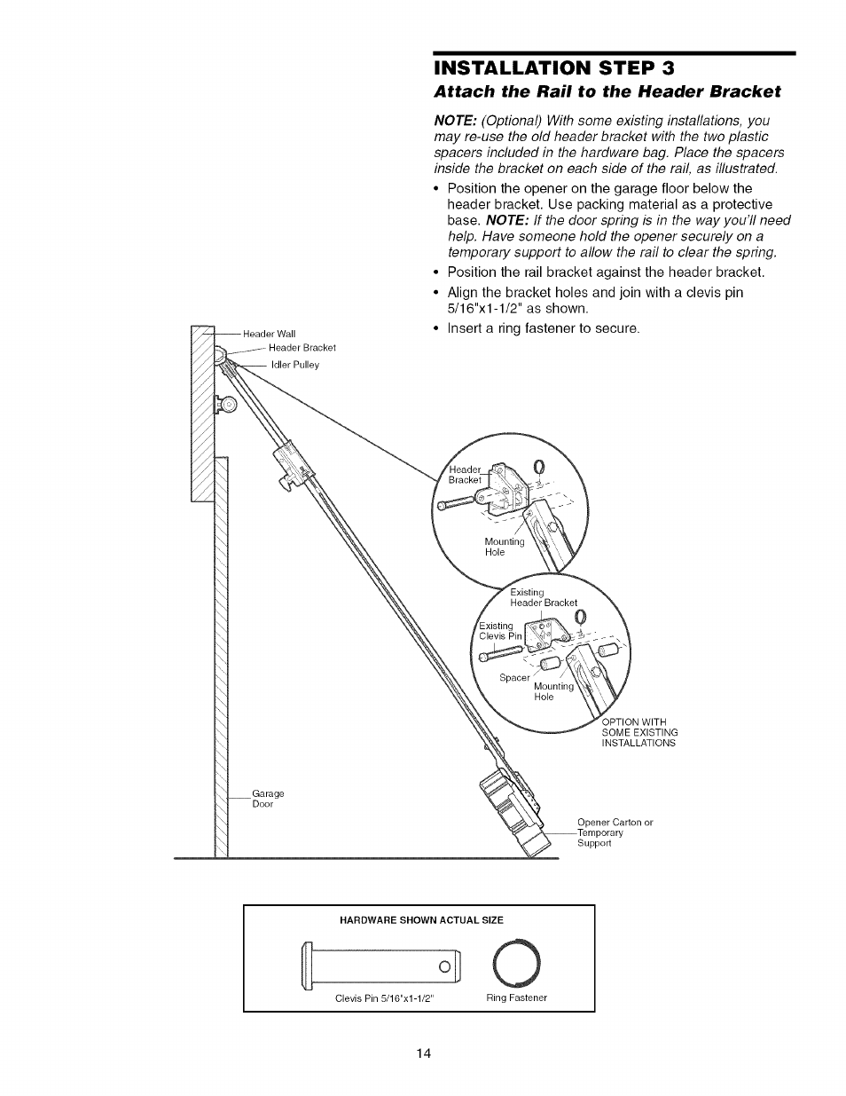 Attach the rail to the header bracket | Sears 139.53930D User Manual | Page 14 / 39