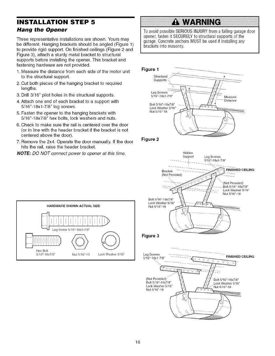 Hang the opener, Warning | Sears 139.53930D User Manual | Page 16 / 39