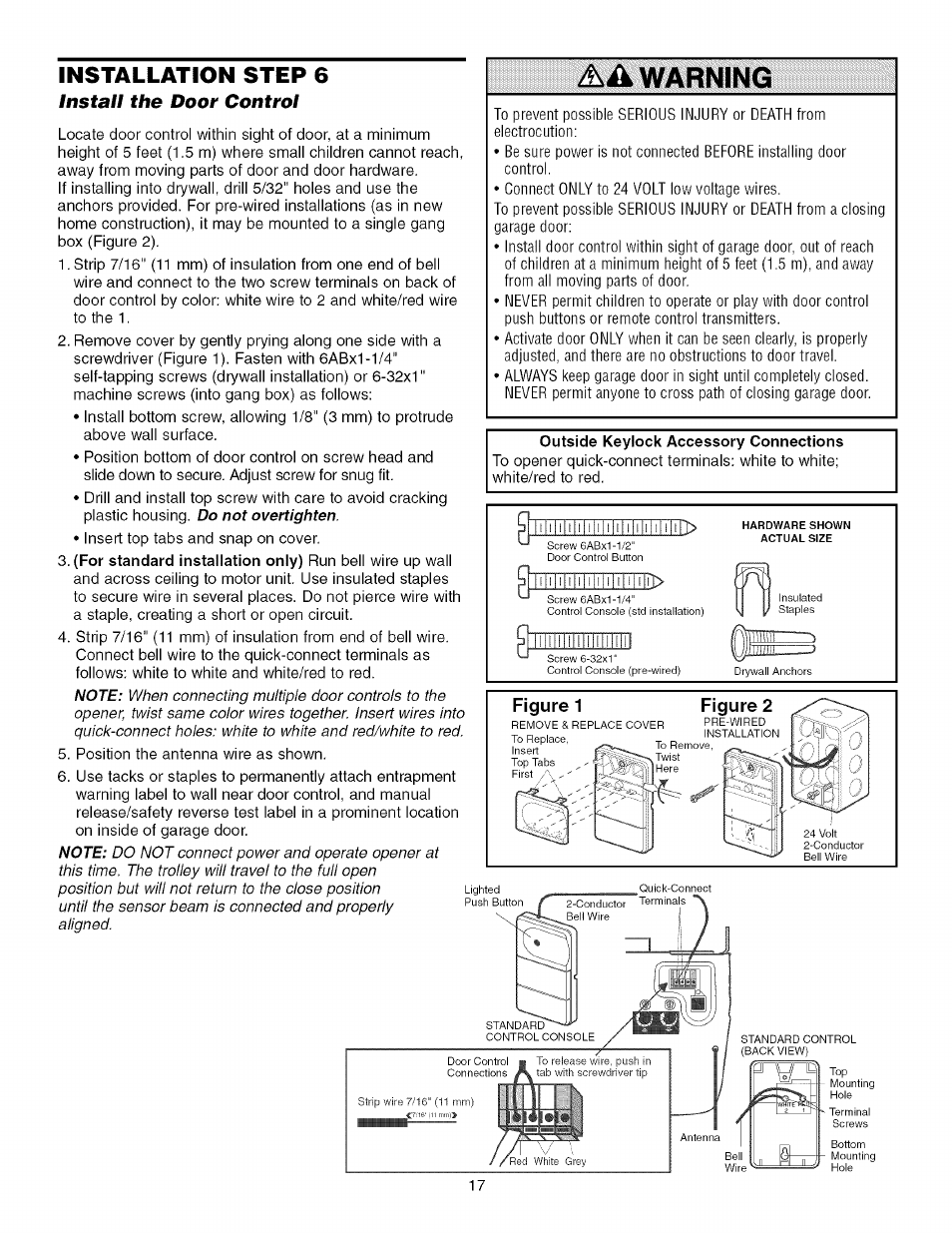 Installation step 6, Install the door control, Aik warning | Outside keylock accessory connections | Sears 139.53930D User Manual | Page 17 / 39