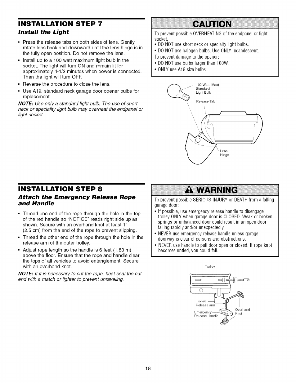 Install the light, Installation step 8, Attach the emergency release rope and handle | K warning, Caution, Warning | Sears 139.53930D User Manual | Page 18 / 39