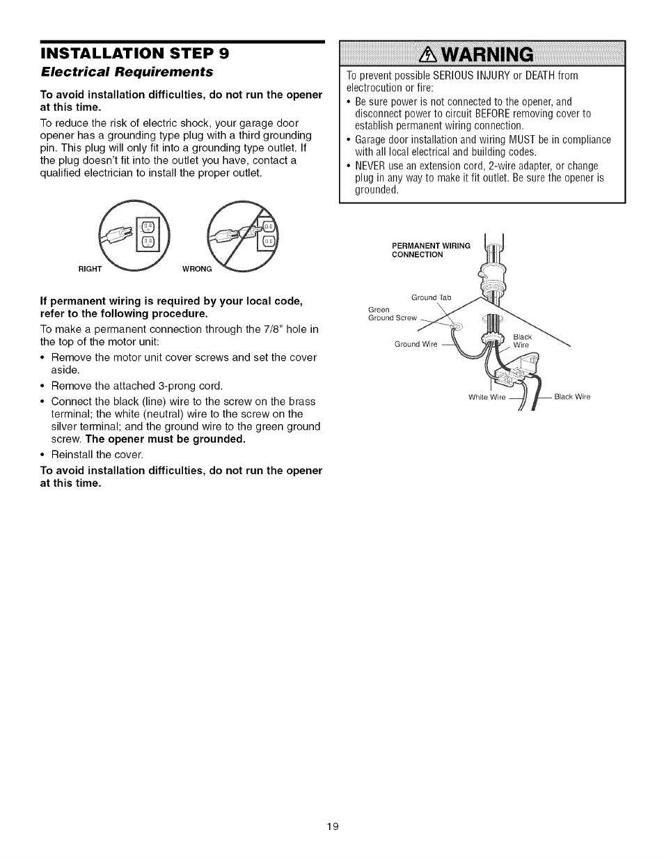 Electrical requirements, Warning, Installation step 9 | Sears 139.53930D User Manual | Page 19 / 39
