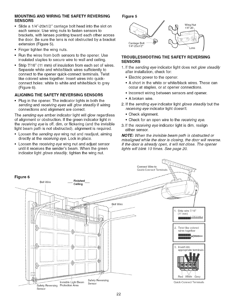 Mounting and wiring the safety reversing sensors, Aligning the safety reversing sensors, Troubleshooting the safety reversing sensors | Sears 139.53930D User Manual | Page 22 / 39