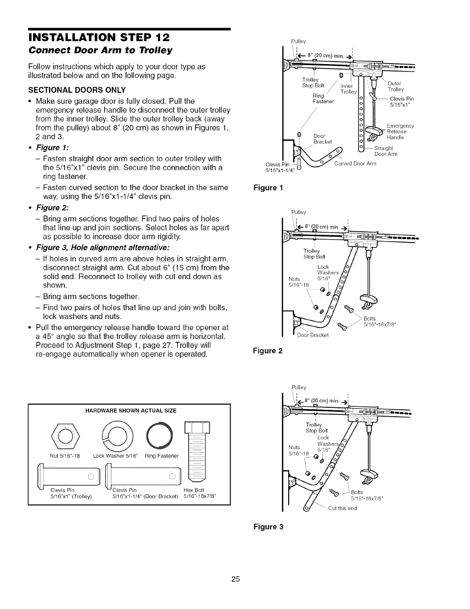 Installation step 12, Connect door arm to trolley, Sectional doors only | Figure 3, Connect the door arm to the trolley -26 | Sears 139.53930D User Manual | Page 25 / 39