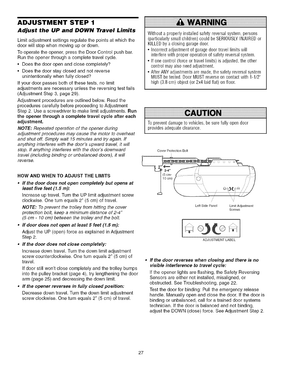 Adjustment step 1, Adjust the up and down travel limits, How and when to adjust the limits | Warning, Caution | Sears 139.53930D User Manual | Page 27 / 39