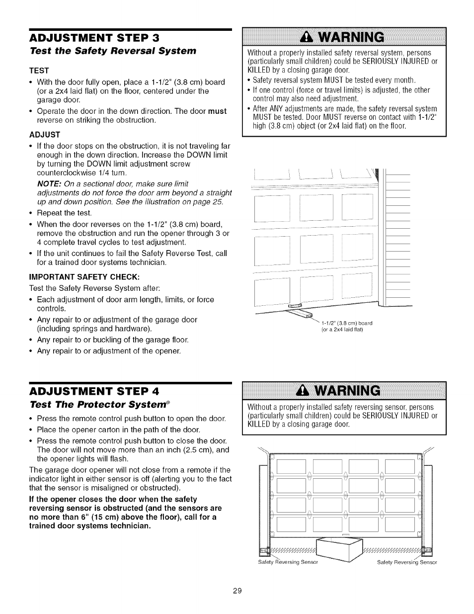 Adjustment step 3, Test the safety reversal system, Test | Adjust, Important safety check, Adjustment step 4, Test the protector system‘s, Test the protector system, Ik warning | Sears 139.53930D User Manual | Page 29 / 39