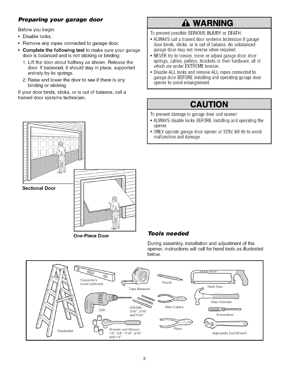 Preparing your garage door, A warning, Caution | Tools needed, Warning | Sears 139.53930D User Manual | Page 3 / 39