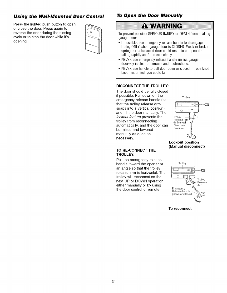 Using the wall-mounted door control, Warning, Disconnect the trolley | To re-connect the trolley | Sears 139.53930D User Manual | Page 31 / 39