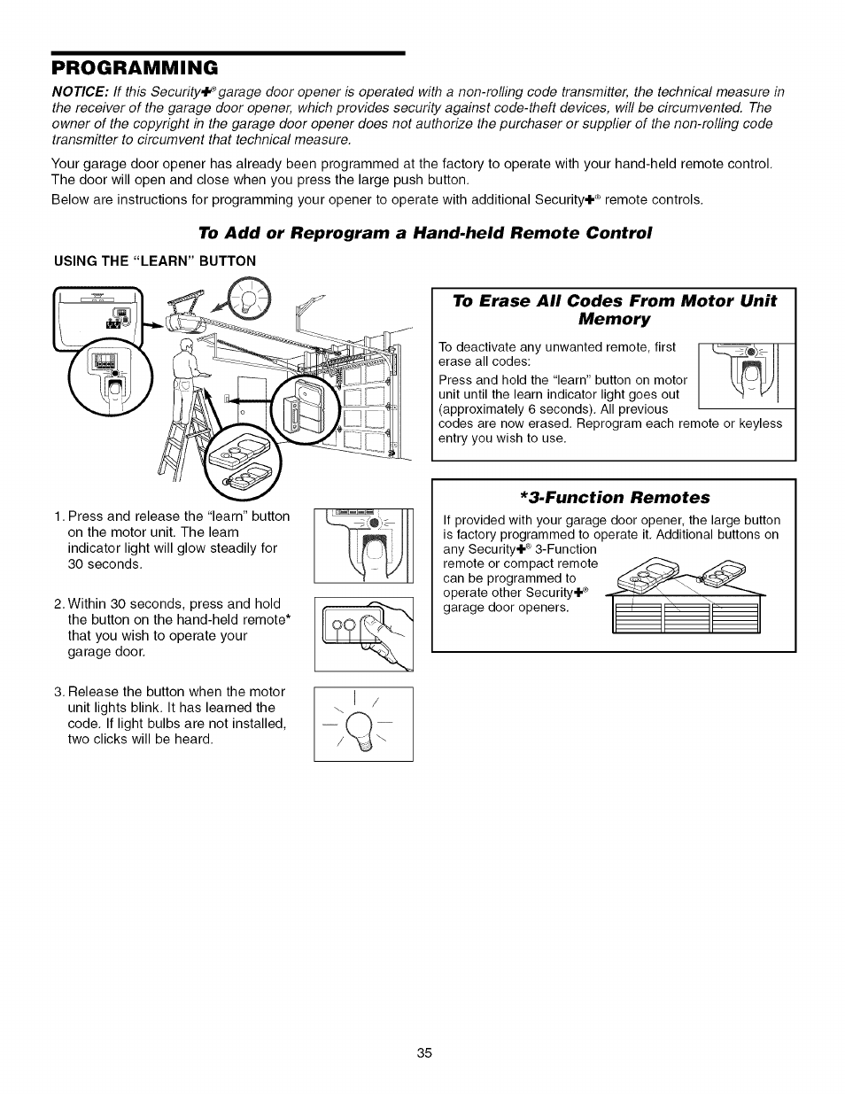 Programming, To add or reprogram a hand-held remote control, Using the “learn” button | To erase all codes from motor unit memory, Function remotes | Sears 139.53930D User Manual | Page 35 / 39