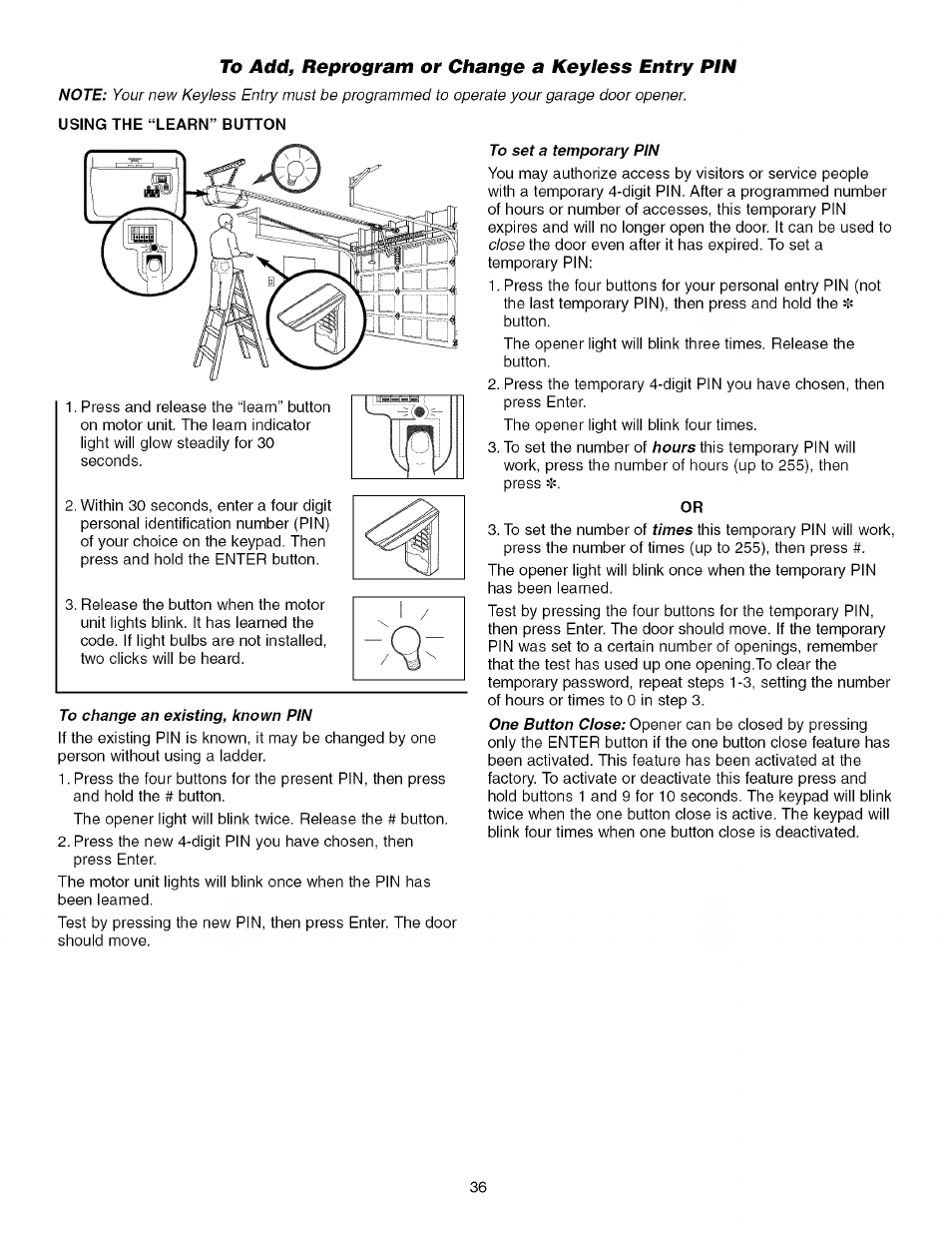 To add, reprogram or change a keyless entry pin, Using the “learn” button | Sears 139.53930D User Manual | Page 36 / 39