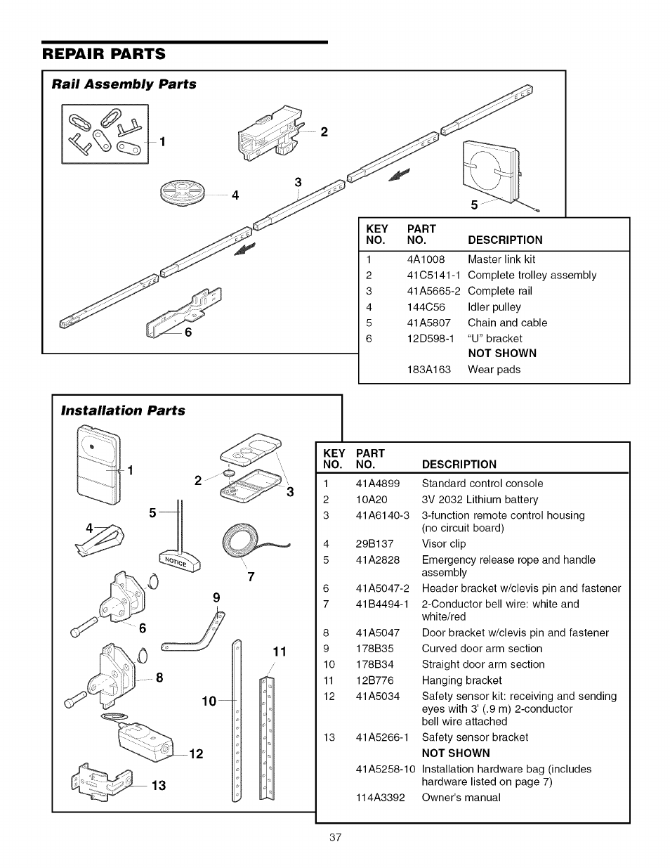 Repair parts, Rail assembly parts, Installation parts | Sears 139.53930D User Manual | Page 37 / 39