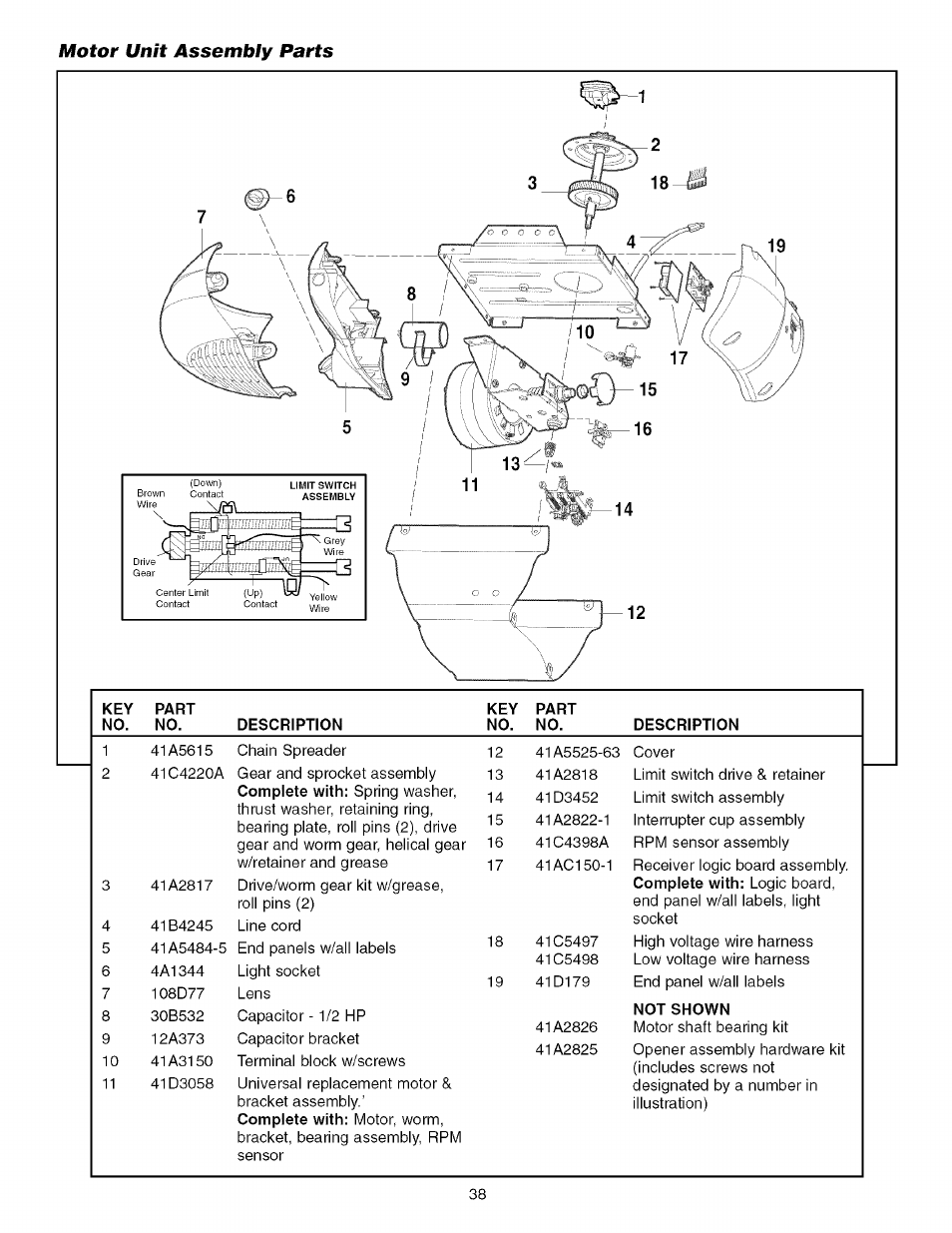 Motor unit assembly parts | Sears 139.53930D User Manual | Page 38 / 39