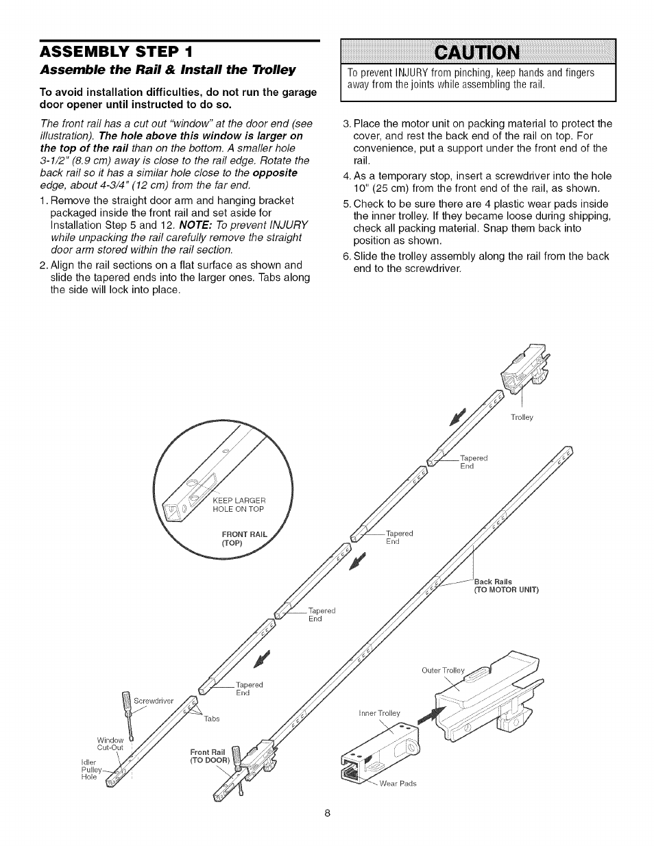Assembly step 1, Assemble the rail & install the trolley, Assemble the rail and install the trolley | Caution | Sears 139.53930D User Manual | Page 8 / 39
