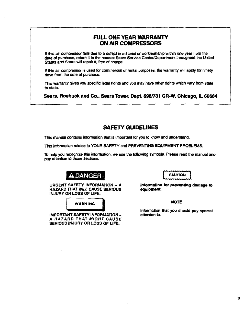 Danger, Full one year warranty on air compressors, Safety guideunes | Sears 150270 User Manual | Page 3 / 11