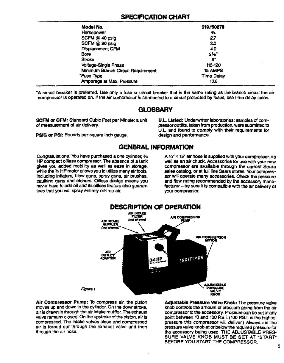 Specircatfon chart, Glossary, General information | Description of operation | Sears 150270 User Manual | Page 5 / 11