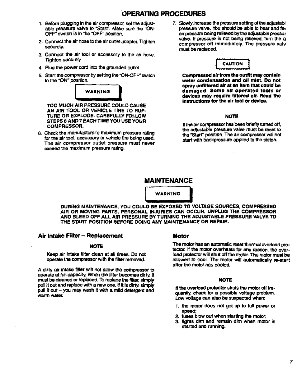 Air in^ke filter - refilacement, Motor, Operating procedures | Maintenance | Sears 150270 User Manual | Page 7 / 11
