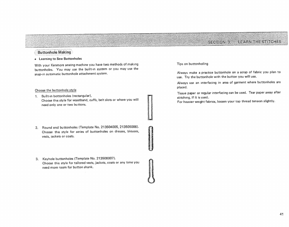 Buttonhole making | Sears 385.17724 User Manual | Page 44 / 68