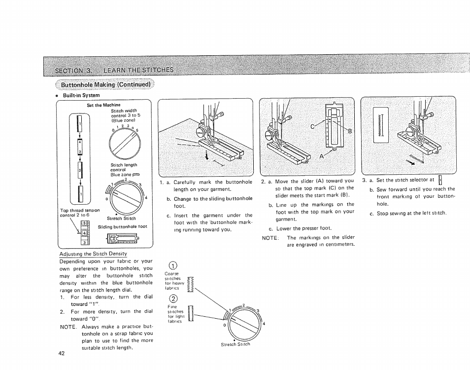 Sections. learn ! he s i itches, Buttonhole making (continued) | Sears 385.17724 User Manual | Page 45 / 68