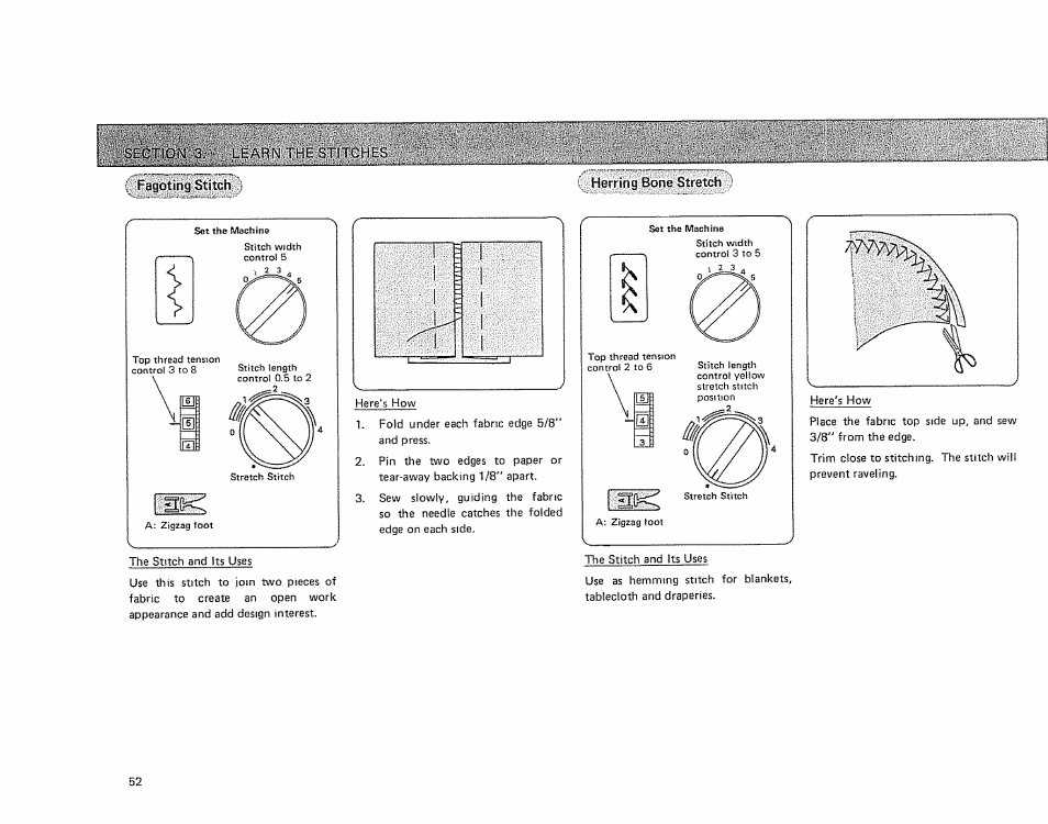 Ion 3. learn the stitches, Fagoting stitch, Herring bone stretch | Sears 385.17724 User Manual | Page 55 / 68