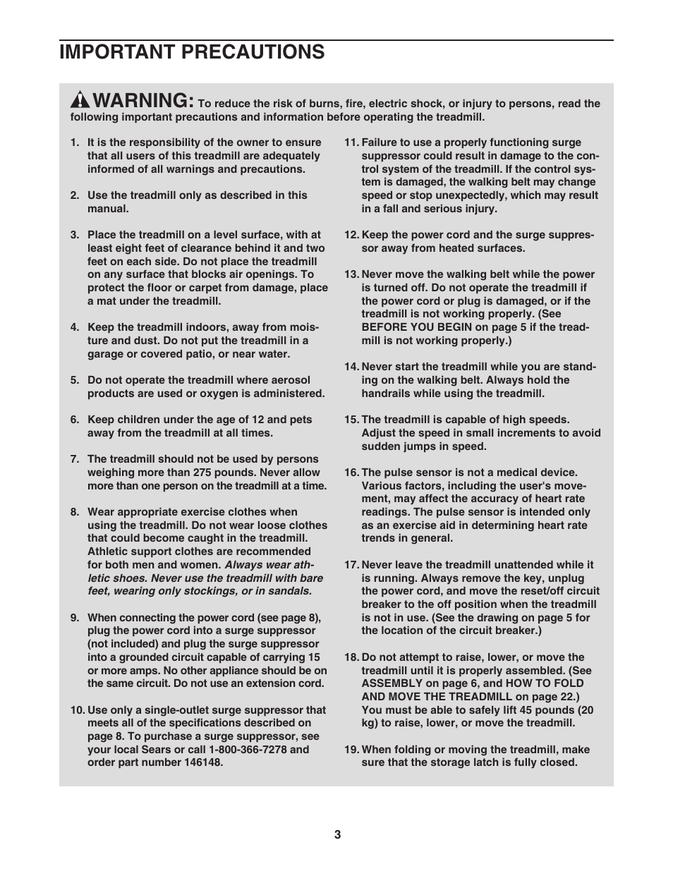 Warning, Important precautions | Sears 831.294880 User Manual | Page 3 / 30