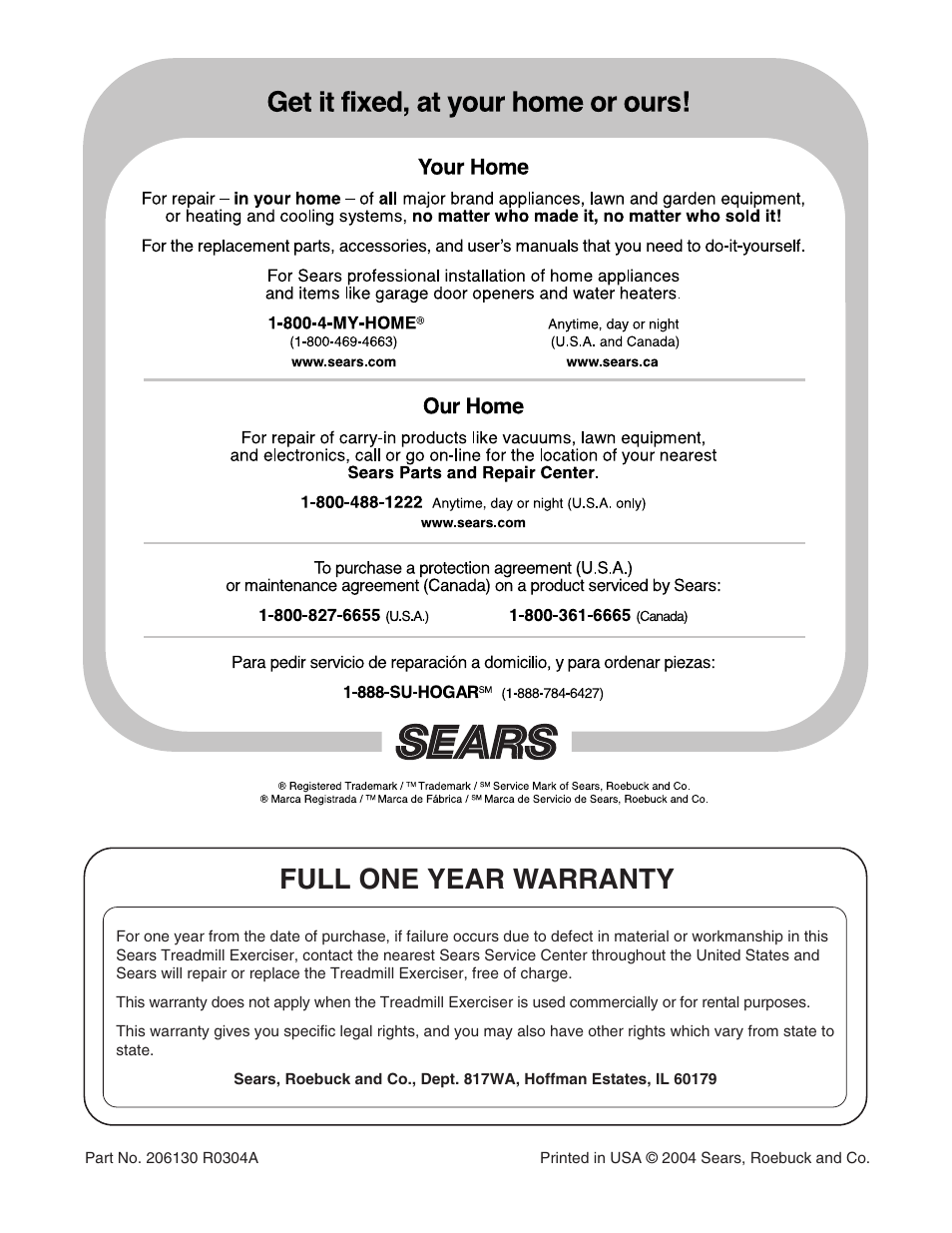 Full one year warranty | Sears 831.294880 User Manual | Page 30 / 30