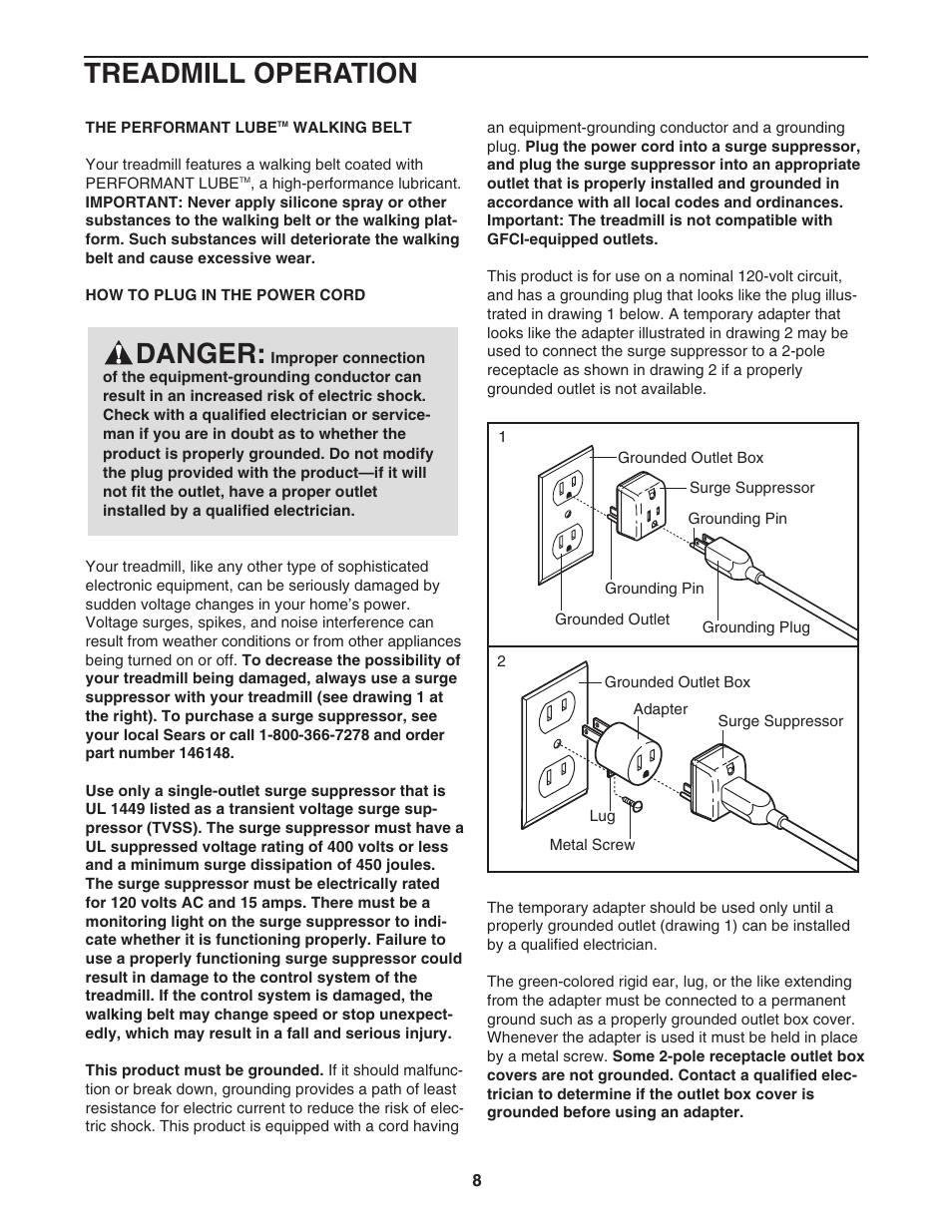 Danger, Treadmill operation | Sears 831.294880 User Manual | Page 8 / 30