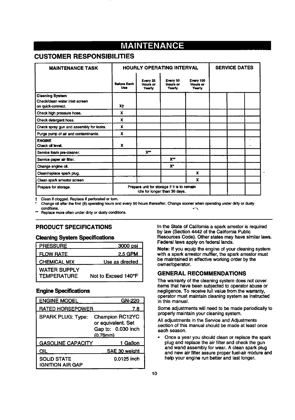 Maintenance, Customer responsibilities, General recommendations | Sears 580.768050 User Manual | Page 10 / 30