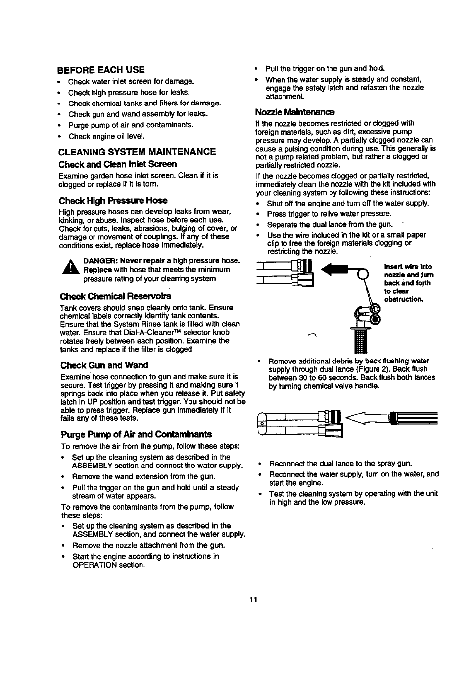 Before each use, Check high pressure hose, Check ch^nical reservoirs | Check gun and wand, Purge pump of air and contaminants, N(szle maint^iance | Sears 580.768050 User Manual | Page 11 / 30