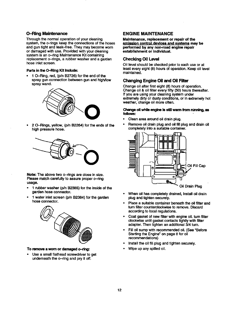 O-ring maintenance, Engine maintenance, Checking oil level | Changing engine oil and oil riter | Sears 580.768050 User Manual | Page 12 / 30