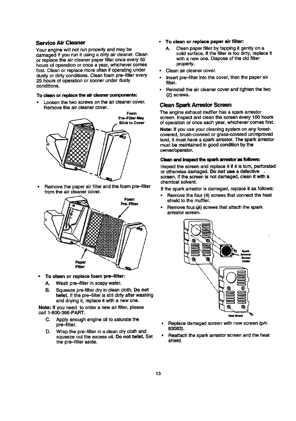 Service air cleaner, Clean spark arrestor screen | Sears 580.768050 User Manual | Page 13 / 30