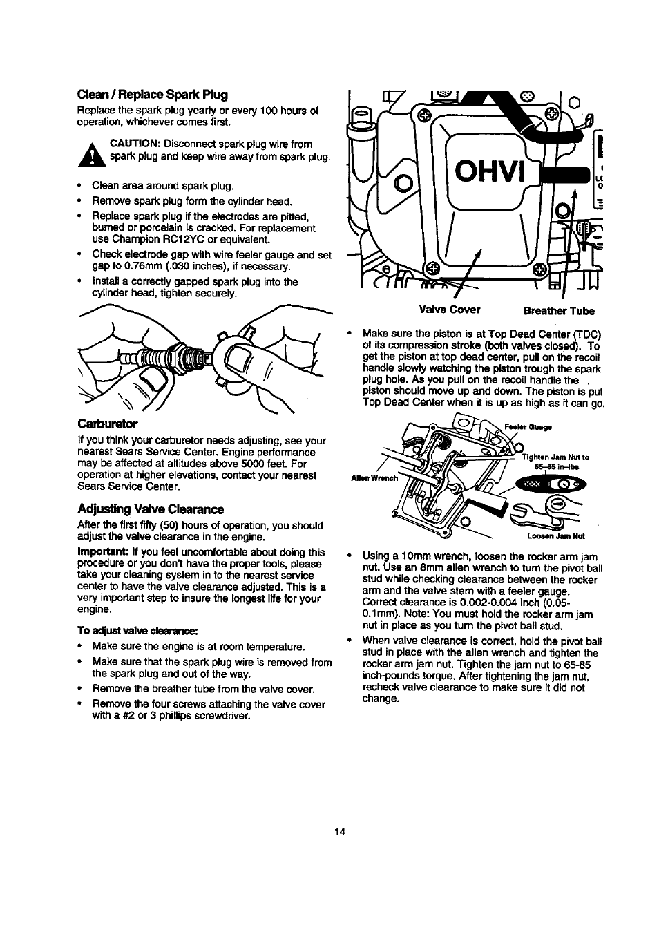 Clean / replace spark plug, Adjusting valve clearance | Sears 580.768050 User Manual | Page 14 / 30