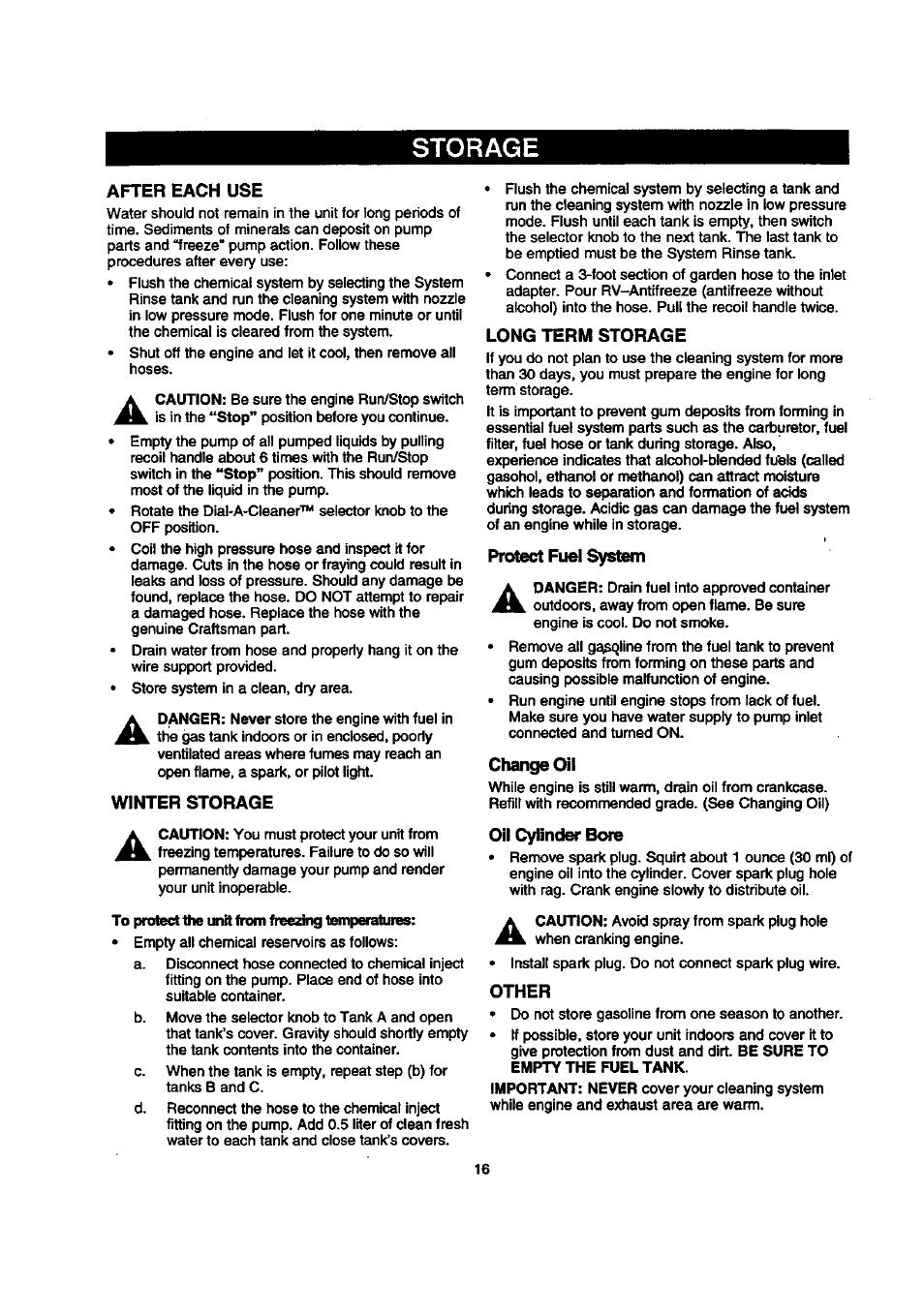 Storage, After each use, Winter storage | Long term storage, Protect fuel system, Change oil, Oil cylinder bore, Other | Sears 580.768050 User Manual | Page 16 / 30