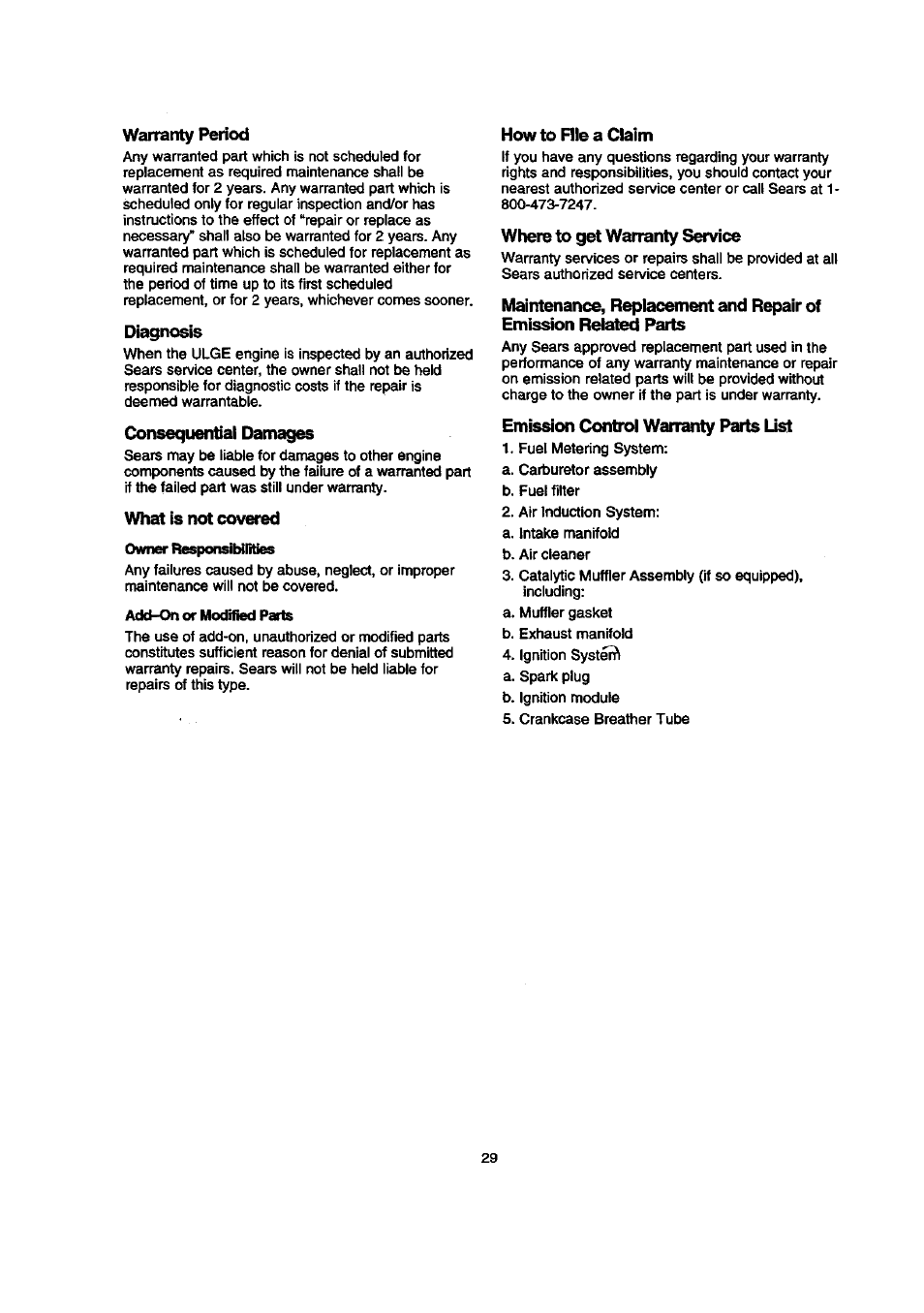 Warranty period, Diagnosis, Consequential damages | What is not covered, How to file a claim, Where to get warranty service, Emission control warranty parts list | Sears 580.768050 User Manual | Page 29 / 30