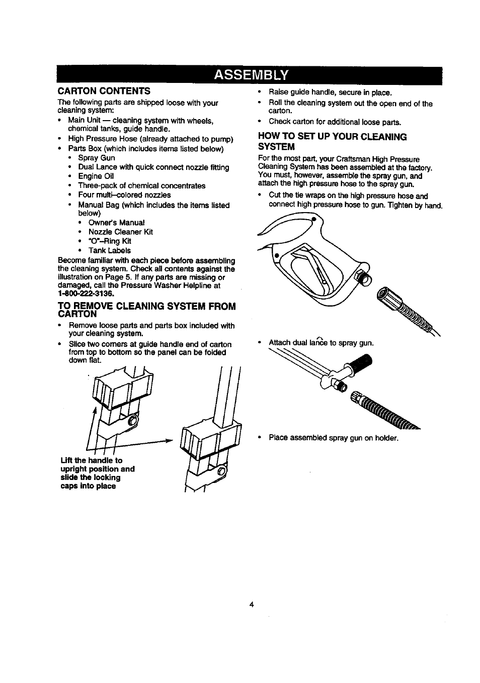 Assembly, Carton contents, To remove cleaning system from carton | How to set up your cleaning system | Sears 580.768050 User Manual | Page 4 / 30