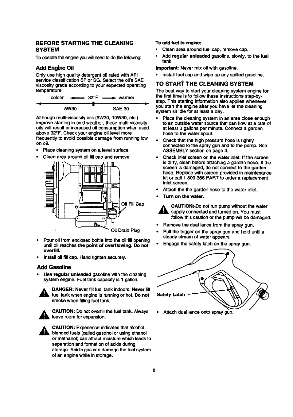 Before starting the cleaning system, Add engine oil, Add gasc^ine | To start the cleaning system | Sears 580.768050 User Manual | Page 8 / 30