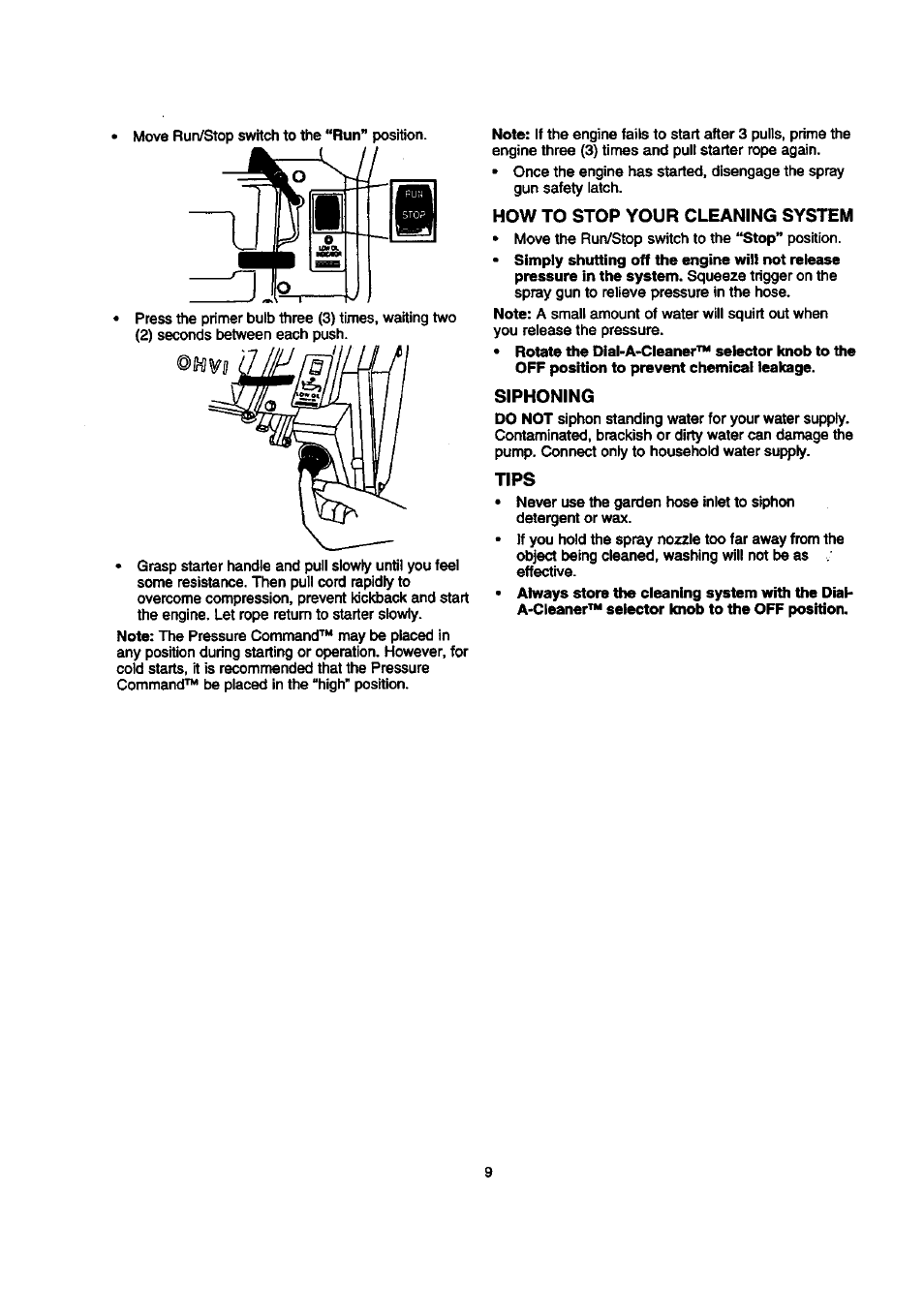 How to stop your cleaning system, Siphoning, Tips | Sears 580.768050 User Manual | Page 9 / 30