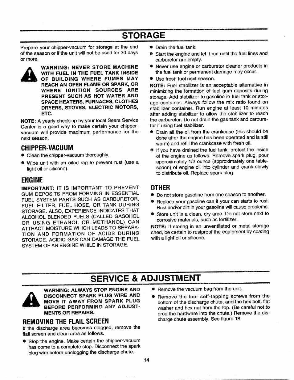 Storage, Chipper-vacuum, Engine | Other, Service & adjustment, Removing the flail screen, Storage service and adjustment -17 | Sears 247.79964 User Manual | Page 14 / 31