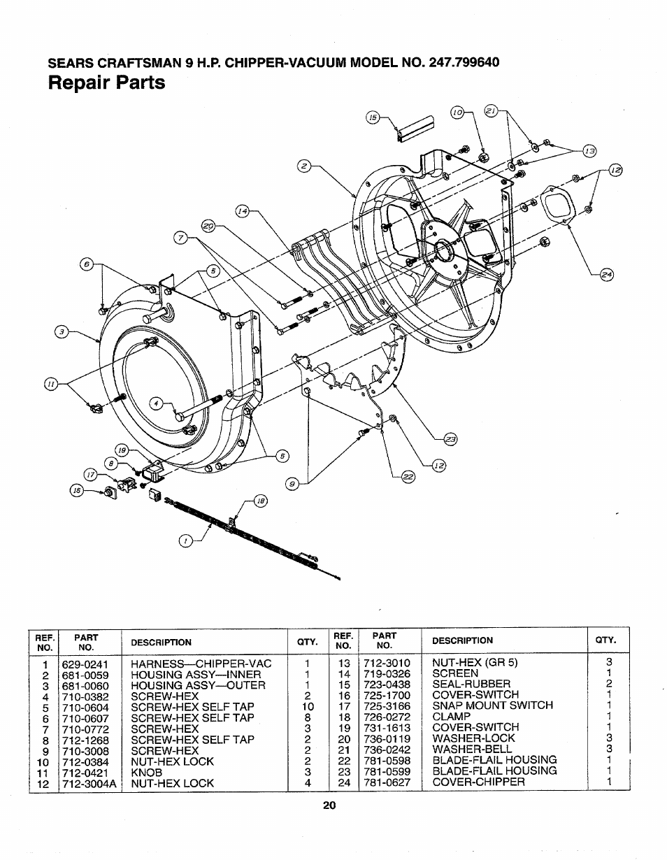 Repair parts | Sears 247.79964 User Manual | Page 20 / 31