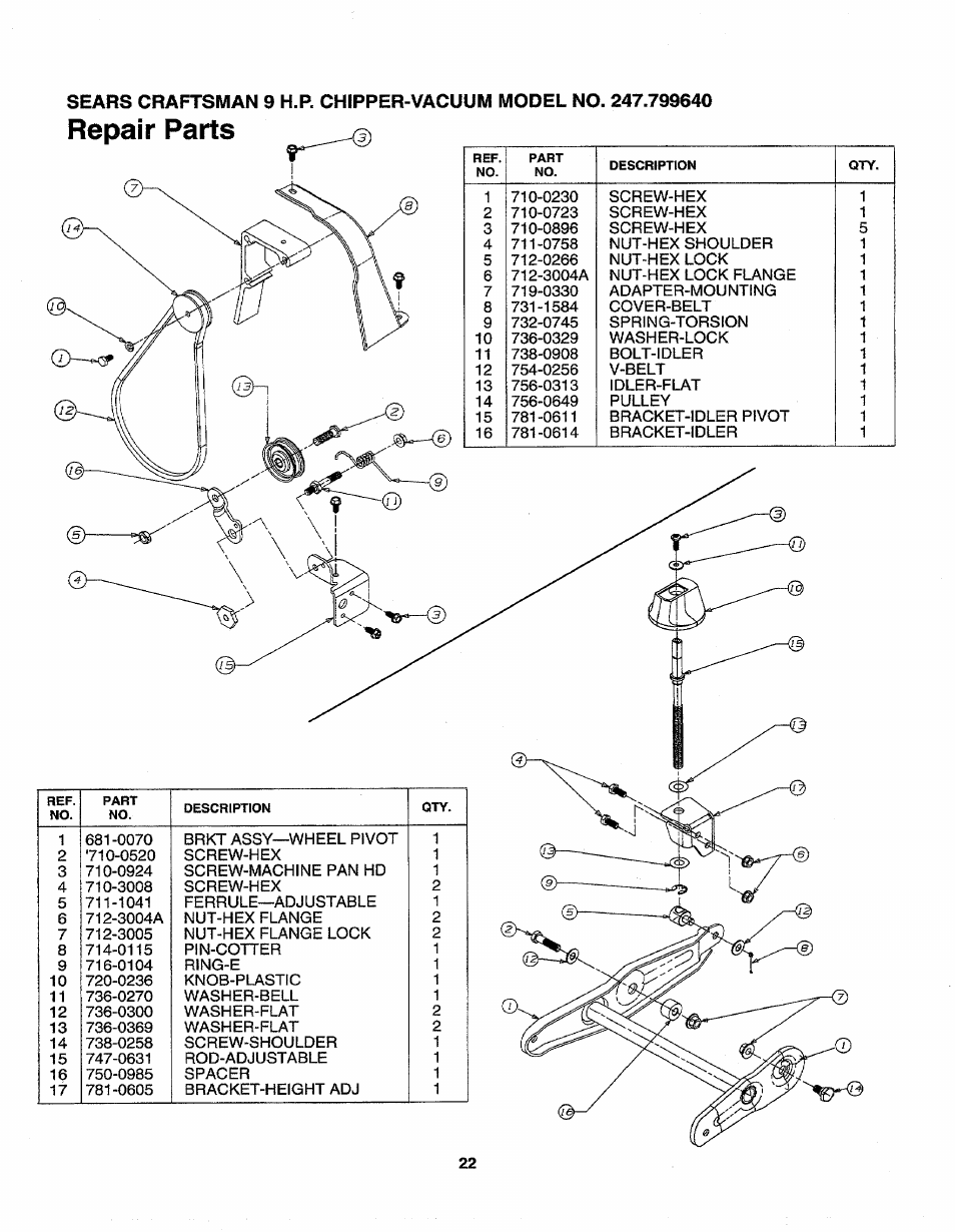 Repair parts | Sears 247.79964 User Manual | Page 22 / 31