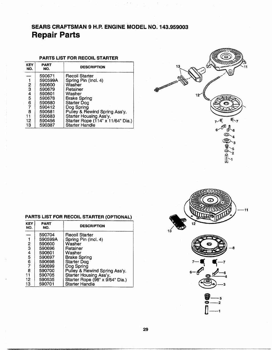 Repair parts | Sears 247.79964 User Manual | Page 29 / 31