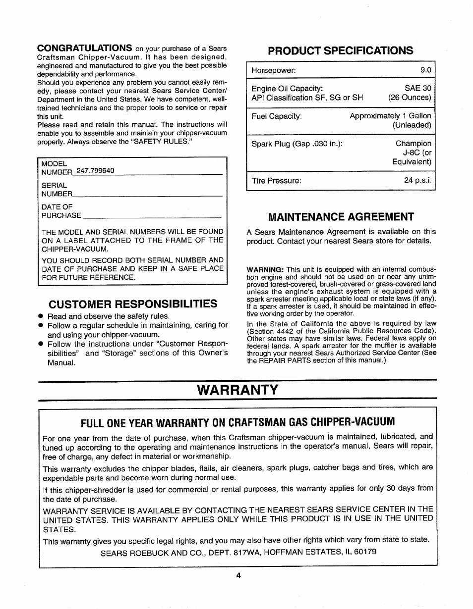 Product specifications, Customer responsibilities, Maintenance agreement | Warranty | Sears 247.79964 User Manual | Page 4 / 31