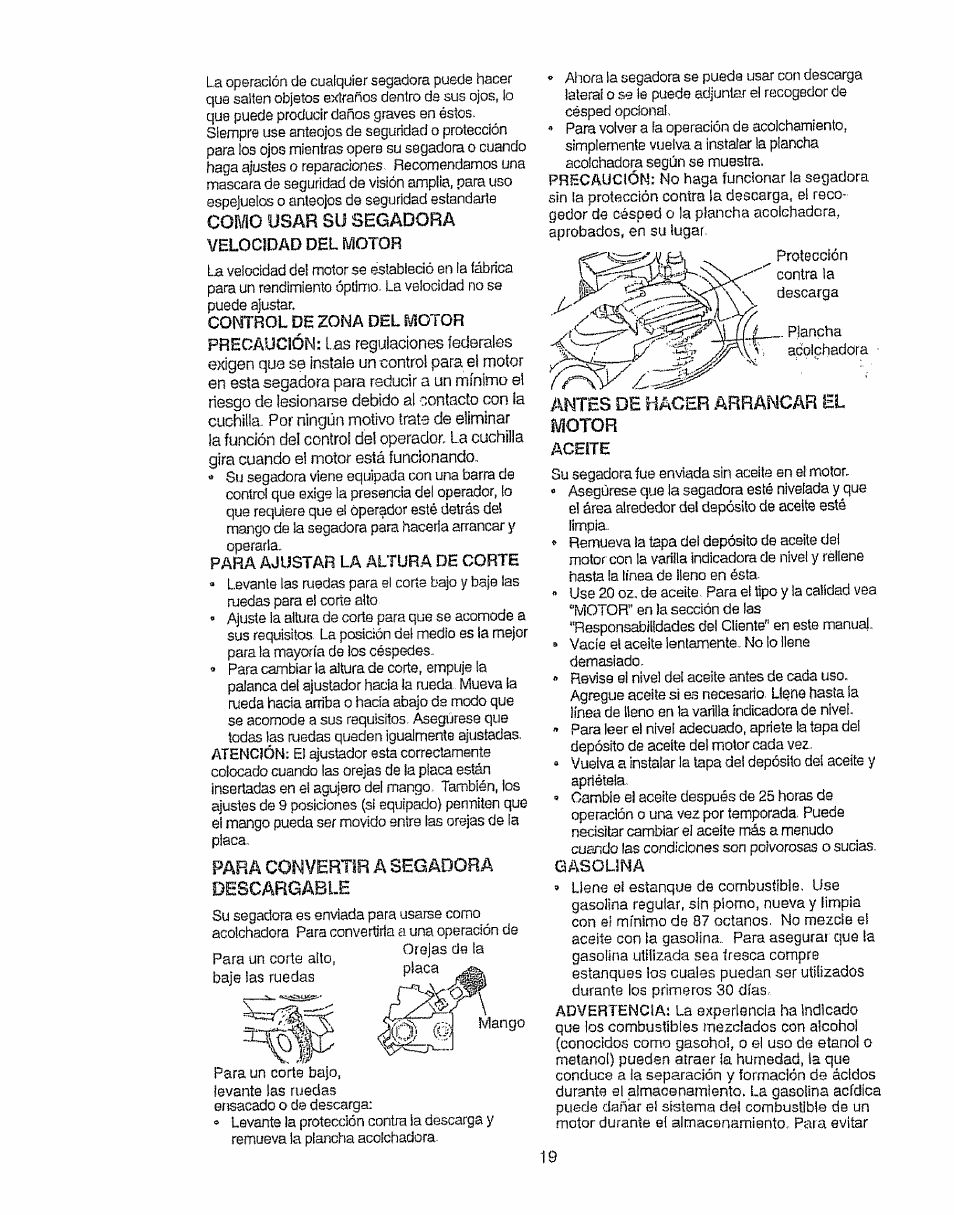 Como usar su segadora velocidad del motor, Para convertir a segadora oescargable, Antes de hacer arrancar bl | Motor | Sears EZ3 917.387023 User Manual | Page 19 / 36