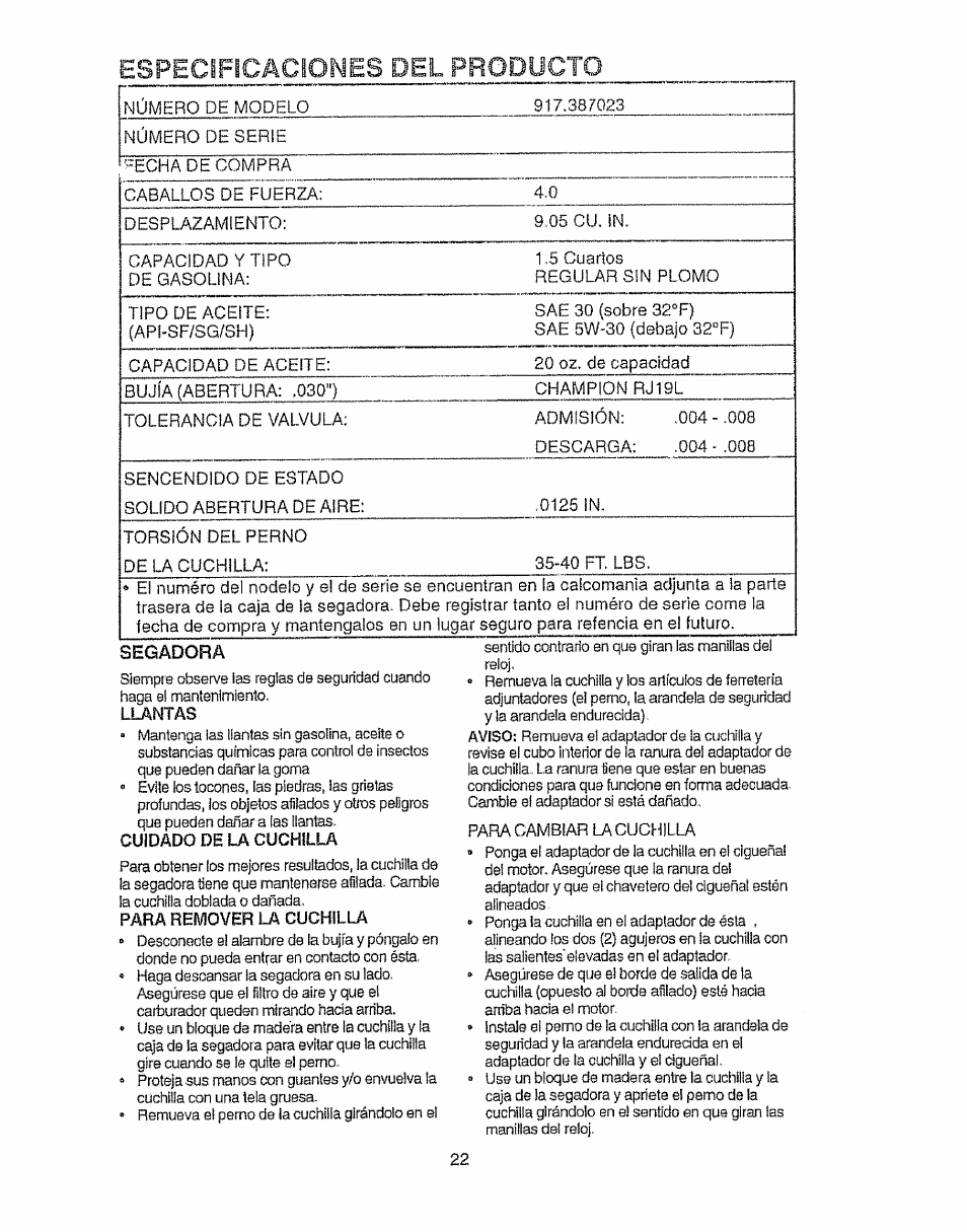 Segadora, Llantas, Cuidado de la cuchilla | Especificaciones del producto | Sears EZ3 917.387023 User Manual | Page 22 / 36