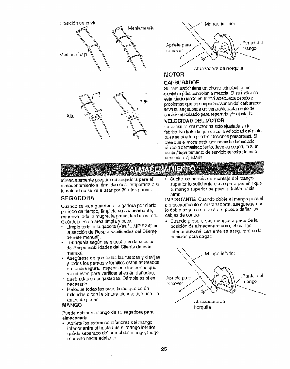 Motor, Carburador, Velocidad del motor | Segadora, Mango | Sears EZ3 917.387023 User Manual | Page 25 / 36